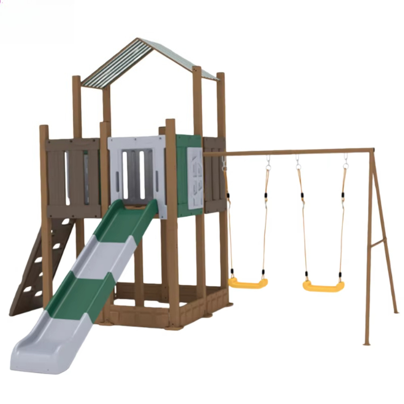 Outdoor Adventure Course - 公園アドベンチャーコース 耐久性のあるプラスチック製 子供用屋外遊具 スライド、クライミングウォール、ブランコ付き