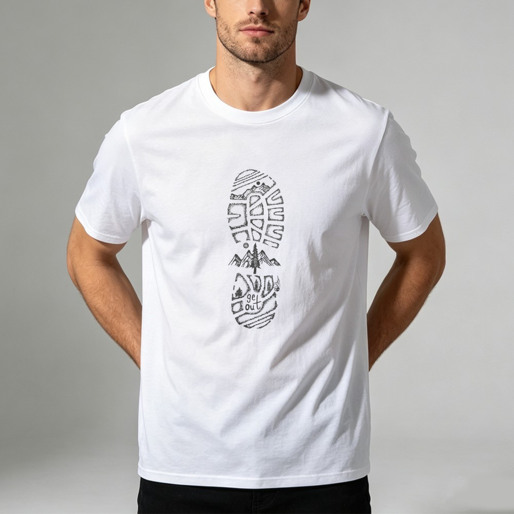 Outdoor Adventure Quotes Short - 山の風景ブーツプリント Tシャツ ハイキングトレイル 自然愛好家の言葉 アウトドアアドベンチャー 夏